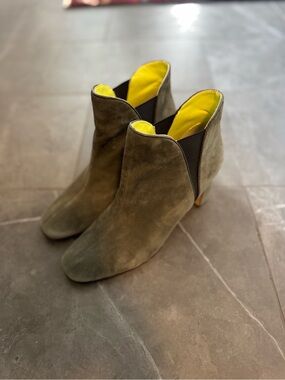 White House Black Market Olive Green Suede Ankle Booties with Yellow Lining